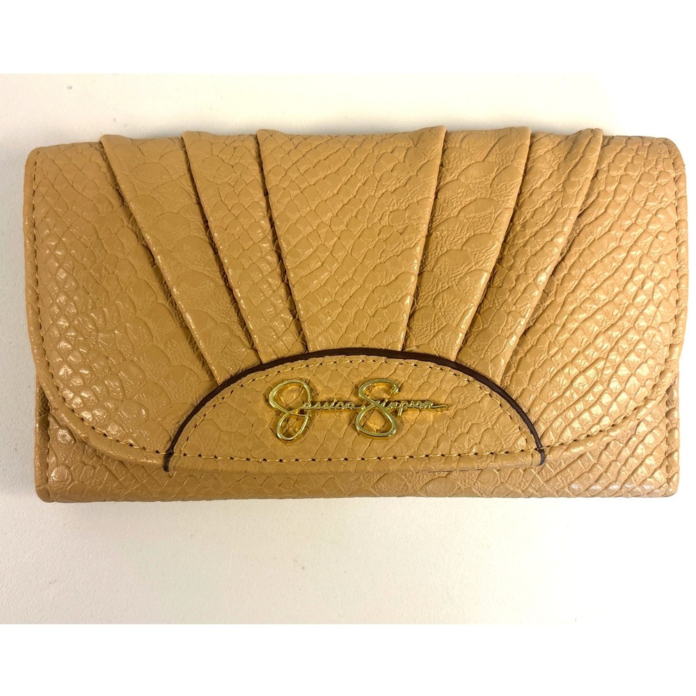 Jessica Simpson Tan Snake Embossed Trifold Wallet Leopard Interior Gold Logo
